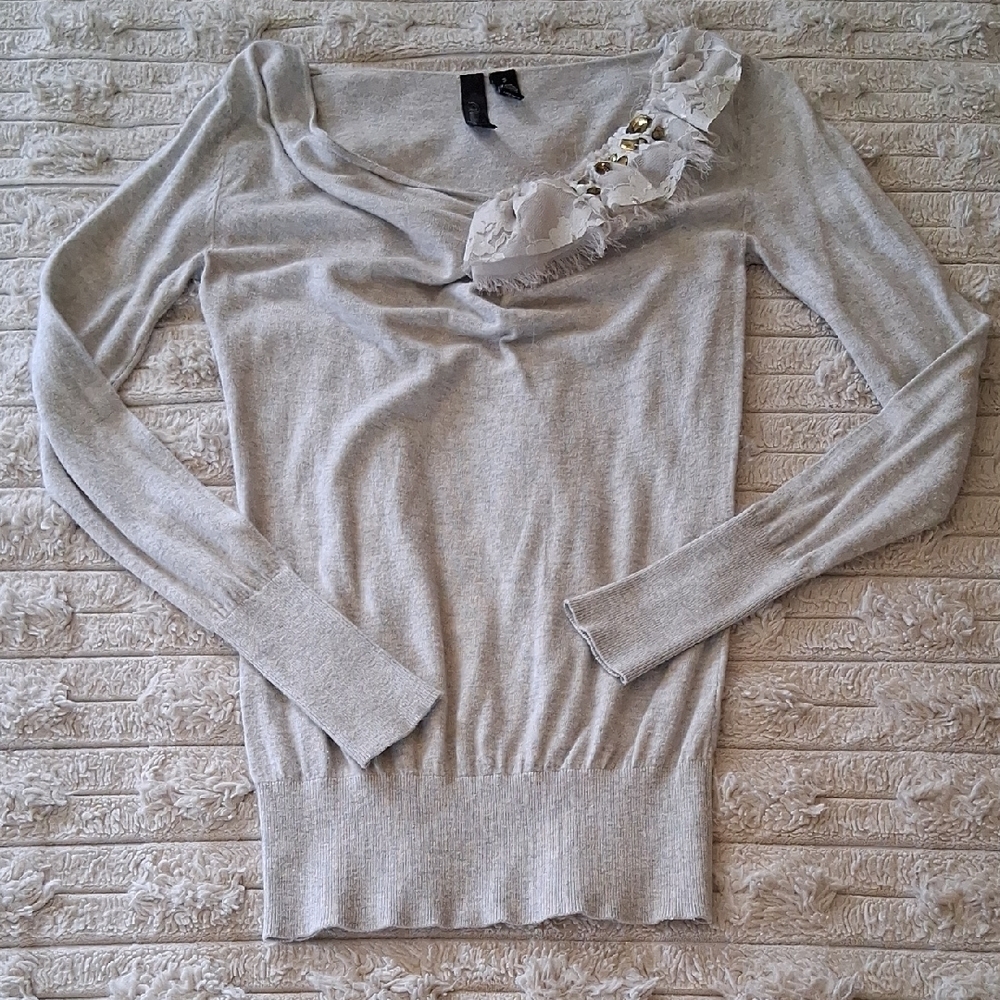 BKE Boutique Y2K Cream Off-the-Shoulder Sweater with Rosette Detail Small